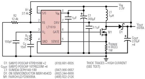 LT1619升压型控制器为低电压输入提供了高效的解决方案(图2)
